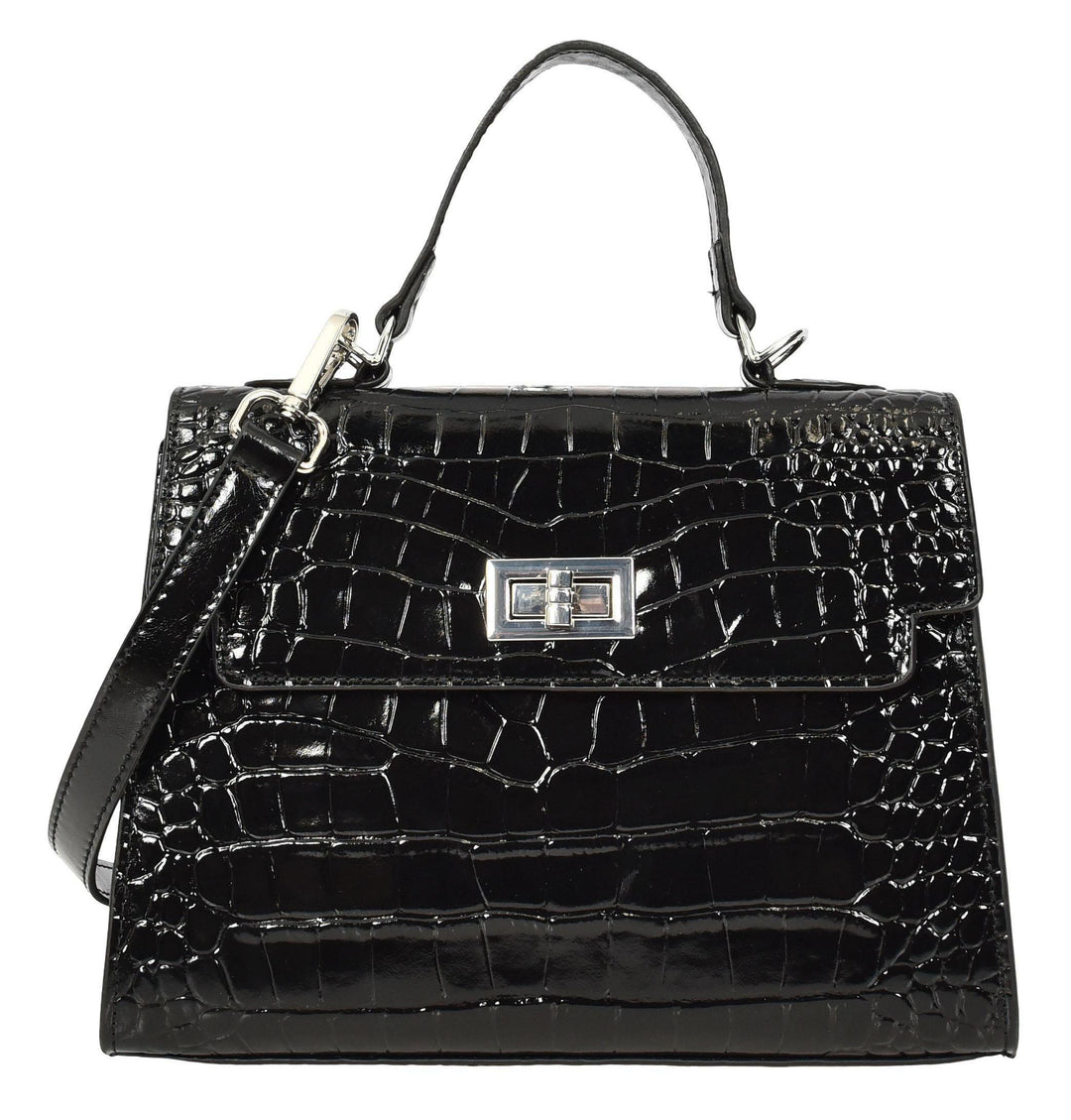 Women's Leather Structured Top Handle Handbag with Shoulder Strap HOL8617 Black