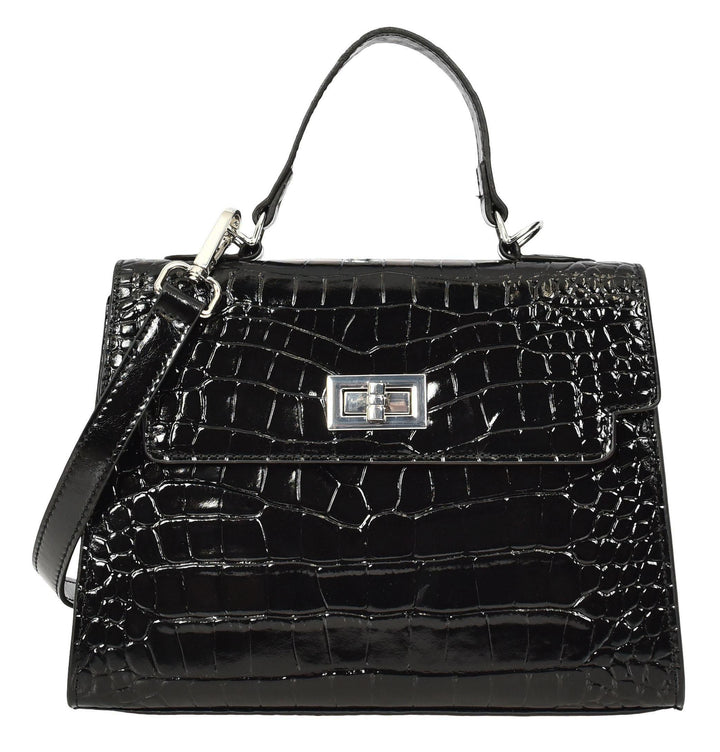 Women's Leather Structured Top Handle Handbag with Shoulder Strap HOL8617 Black