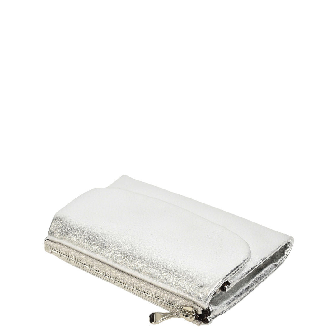 Womens Real Leather Bi-fold Purse Compact Wallet HOL3033 Silver