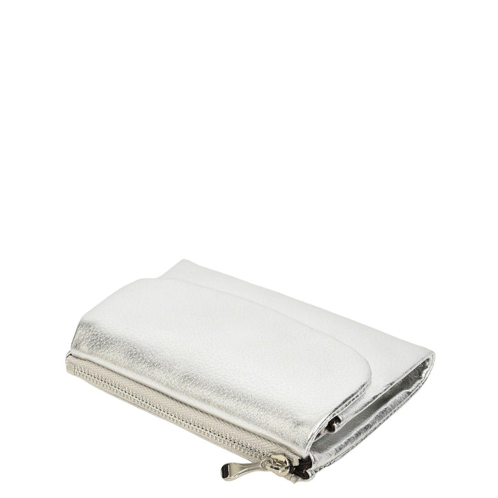 Womens Real Leather Bi-fold Purse Compact Wallet HOL3033 Silver