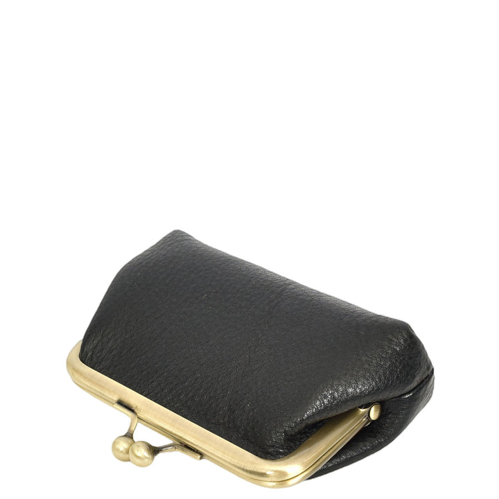 Womens Real Leather Small Coin Purse with Kiss Lock Closure HOL2205 Black