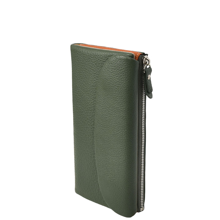 Womens Real Leather Clutch Purse Multi-Coloured Interior Card Holder Zip Pocket HOL8819 Green