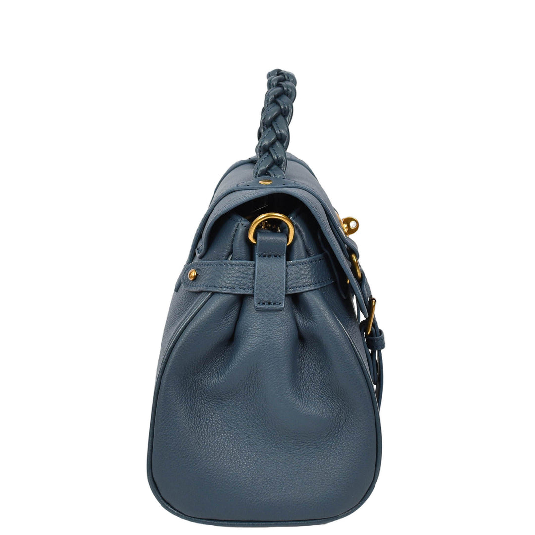 Womens Real Leather Handbag Classic Satchel Top-Handle Style Greta Blue-4