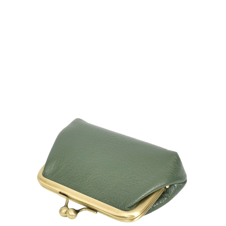 Womens Real Leather Small Coin Purse with Kiss Lock Closure HOL2205 Green
