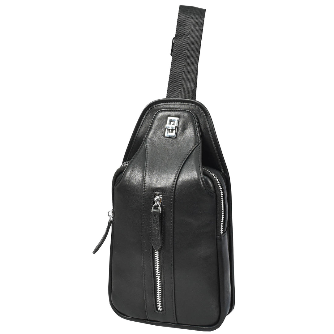 Mens Real Leather Chest Bag Cross Body Style Nara Black-4