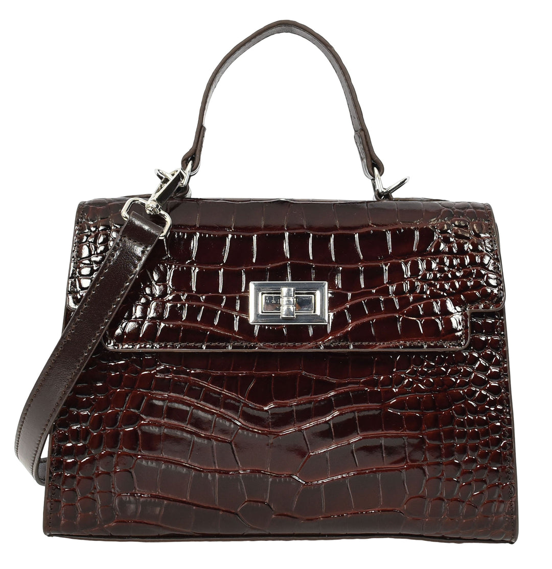 Women's Leather Structured Top Handle Handbag with Shoulder Strap HOL8617 Coffee