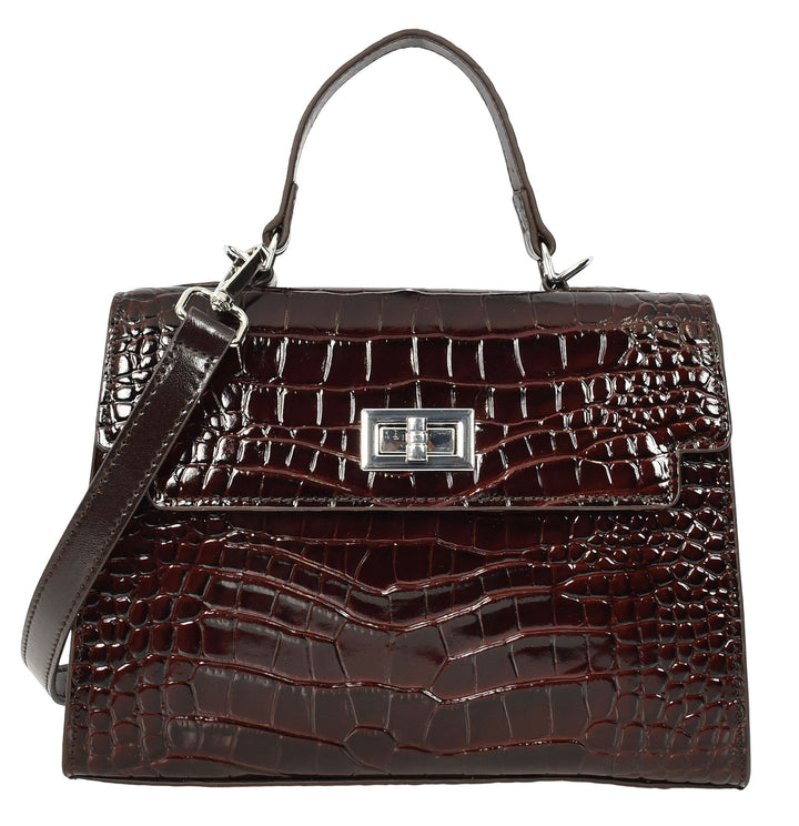 Women's Leather Structured Top Handle Handbag with Shoulder Strap HOL8617 Coffee