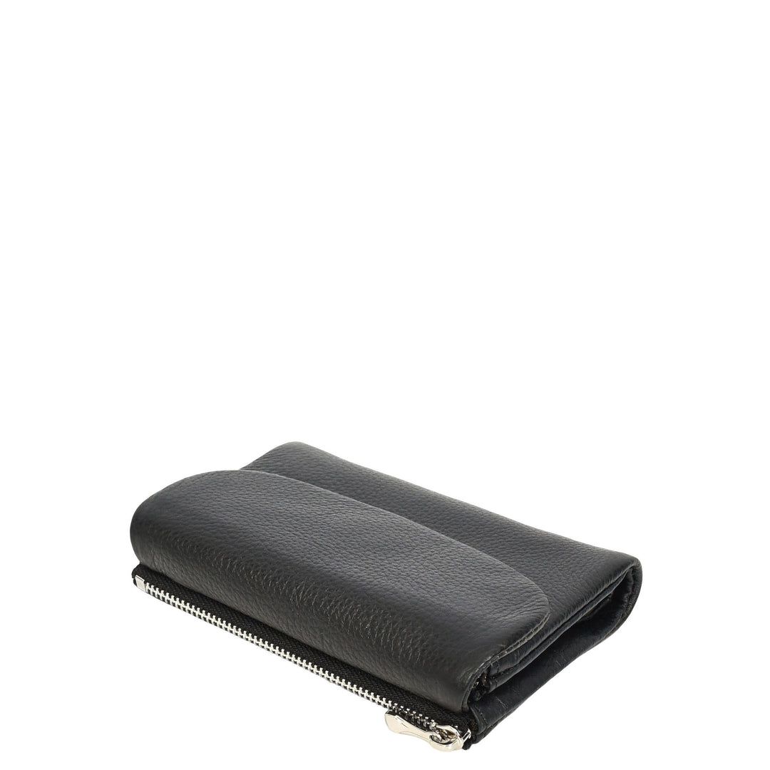 Womens Real Leather Bi-fold Purse Compact Wallet HOL3033 Black