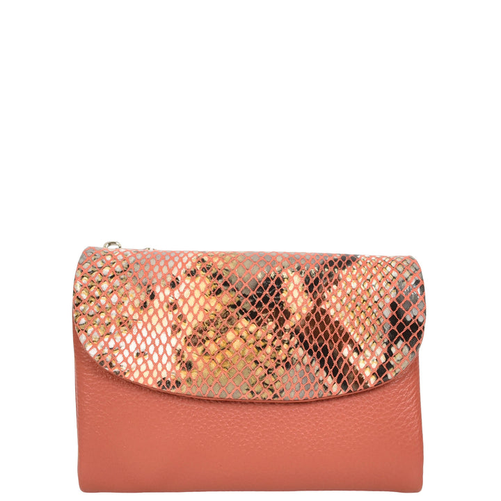 Womens Real Leather Purse Snake-Print Clutch Wallet HOL8833 Coral