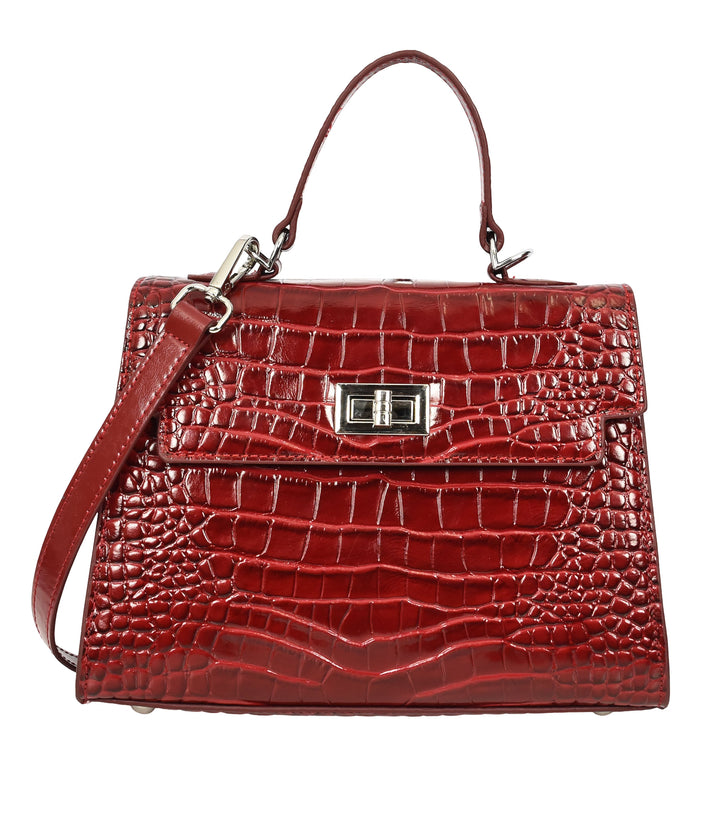 Women's Leather Structured Top Handle Handbag with Shoulder Strap HOL8617 Red
