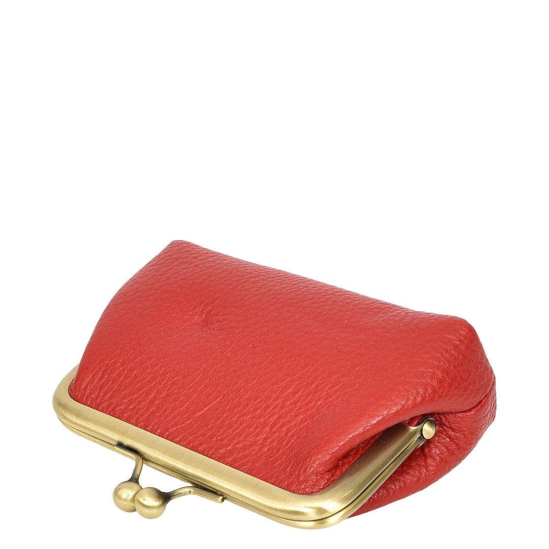 Womens Real Leather Small Coin Purse with Kiss Lock Closure HOL2205 Red