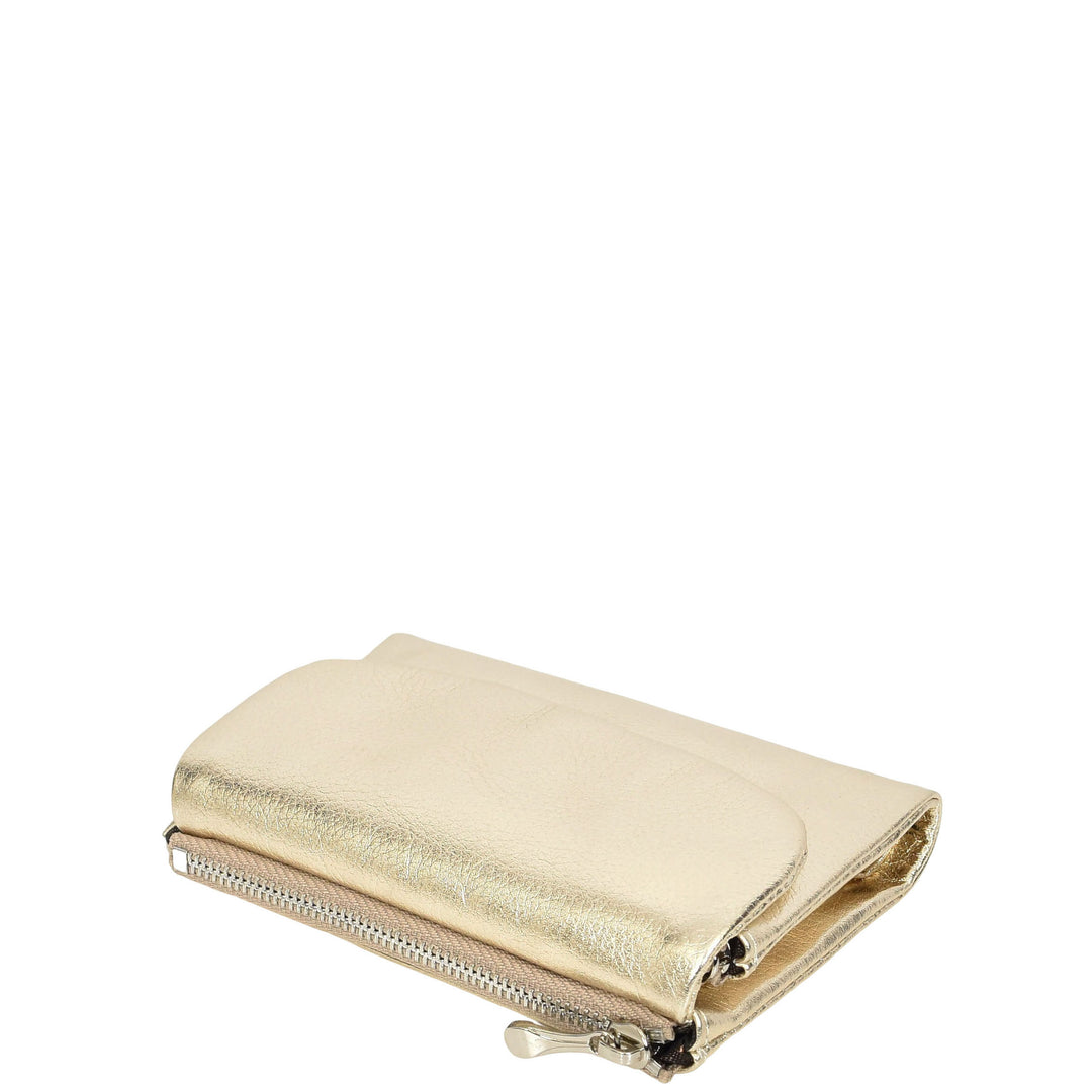 Womens Real Leather Bi-fold Purse Compact Wallet HOL3033 Gold