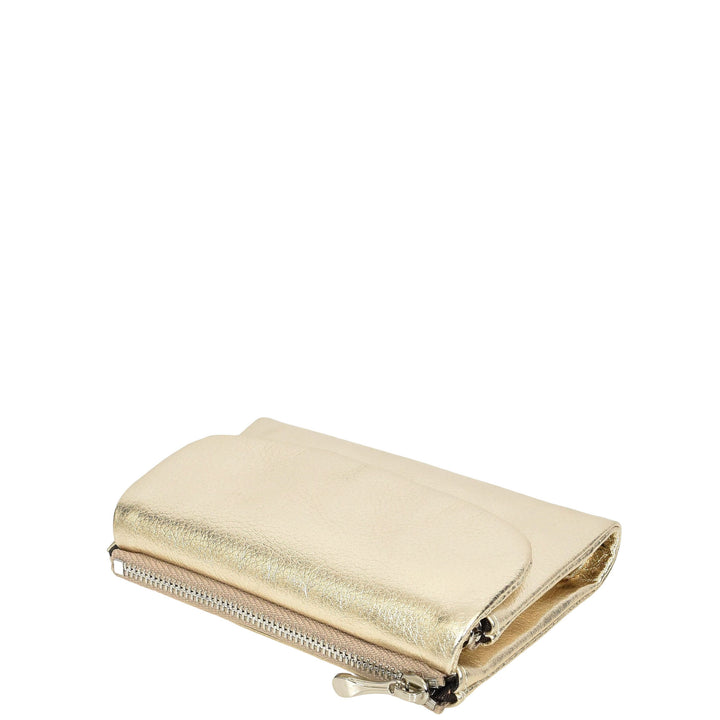 Womens Real Leather Bi-fold Purse Compact Wallet HOL3033 Gold