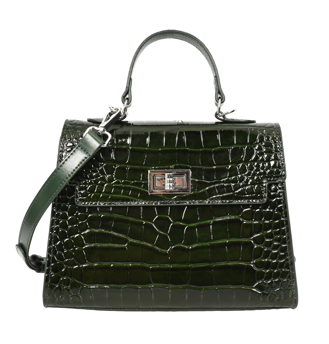 Women's Leather Structured Top Handle Handbag with Shoulder Strap HOL8617 Green