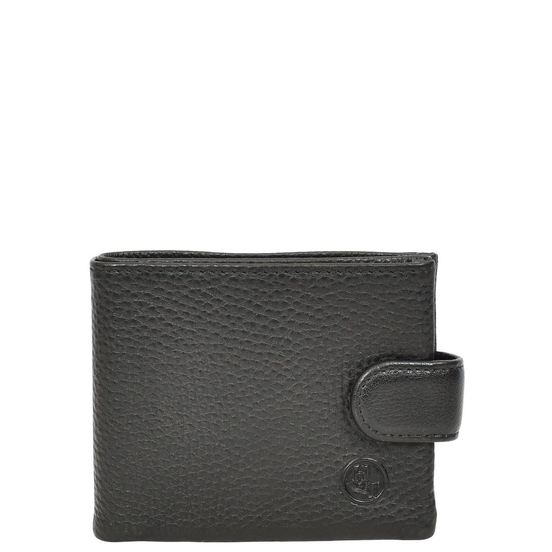 Mens Real Leather Bifold Wallet Button Snap Closure Soren Black
