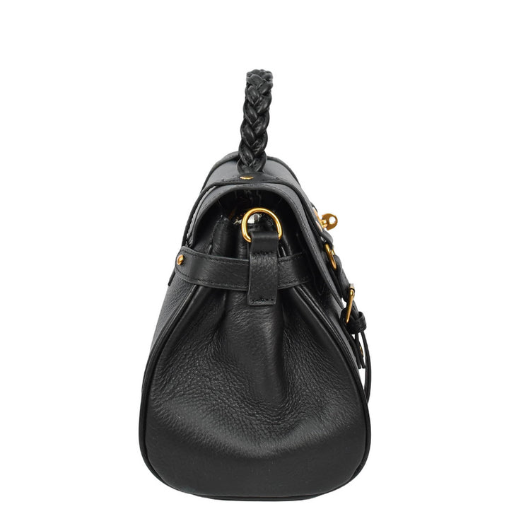 Womens Real Leather Handbag Classic Satchel Top-Handle Style Greta Black-4