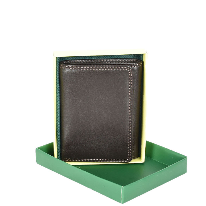 Mens Leather Tri-fold RFID Slim Wallet Banknotes Credit Cards ID Card Holder HOL181 Brown