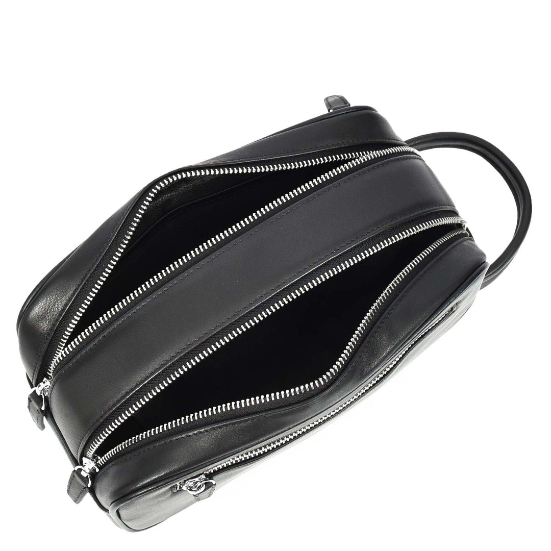 Real Leather Toiletries Bag Medium Size Travel Dopp Kit Organiser Style Oslo Black-5