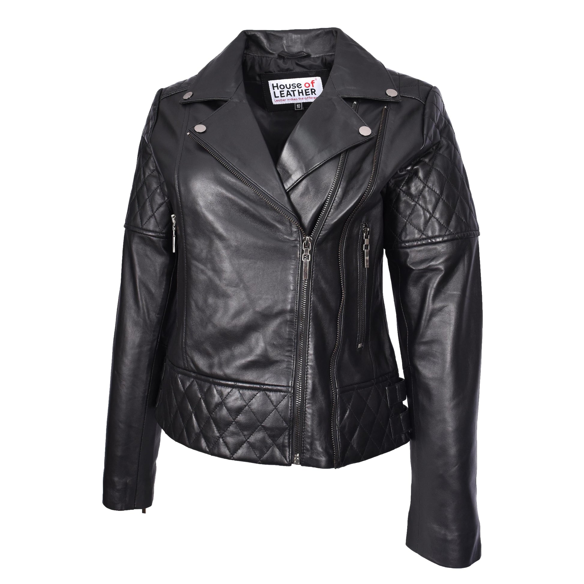 Women's Real Leather Jacket Multi Cross Zip Biker Style Fitted Quilted Nixi Black-5