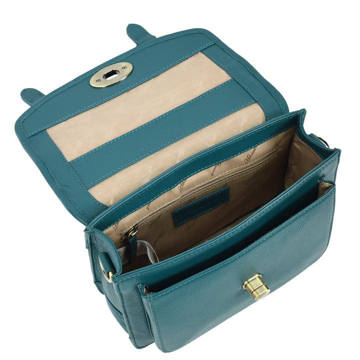 Vintage Style Womens Satchel Handbag Real Leather Crossbody Purse with Buckles Roxy Green