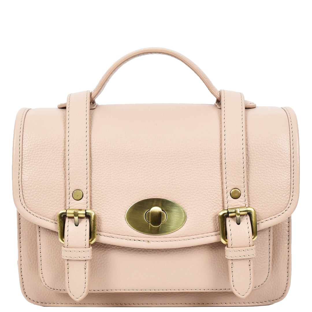 Vintage Style Womens Satchel Handbag Real Leather Crossbody Purse with Buckles Roxy Beige