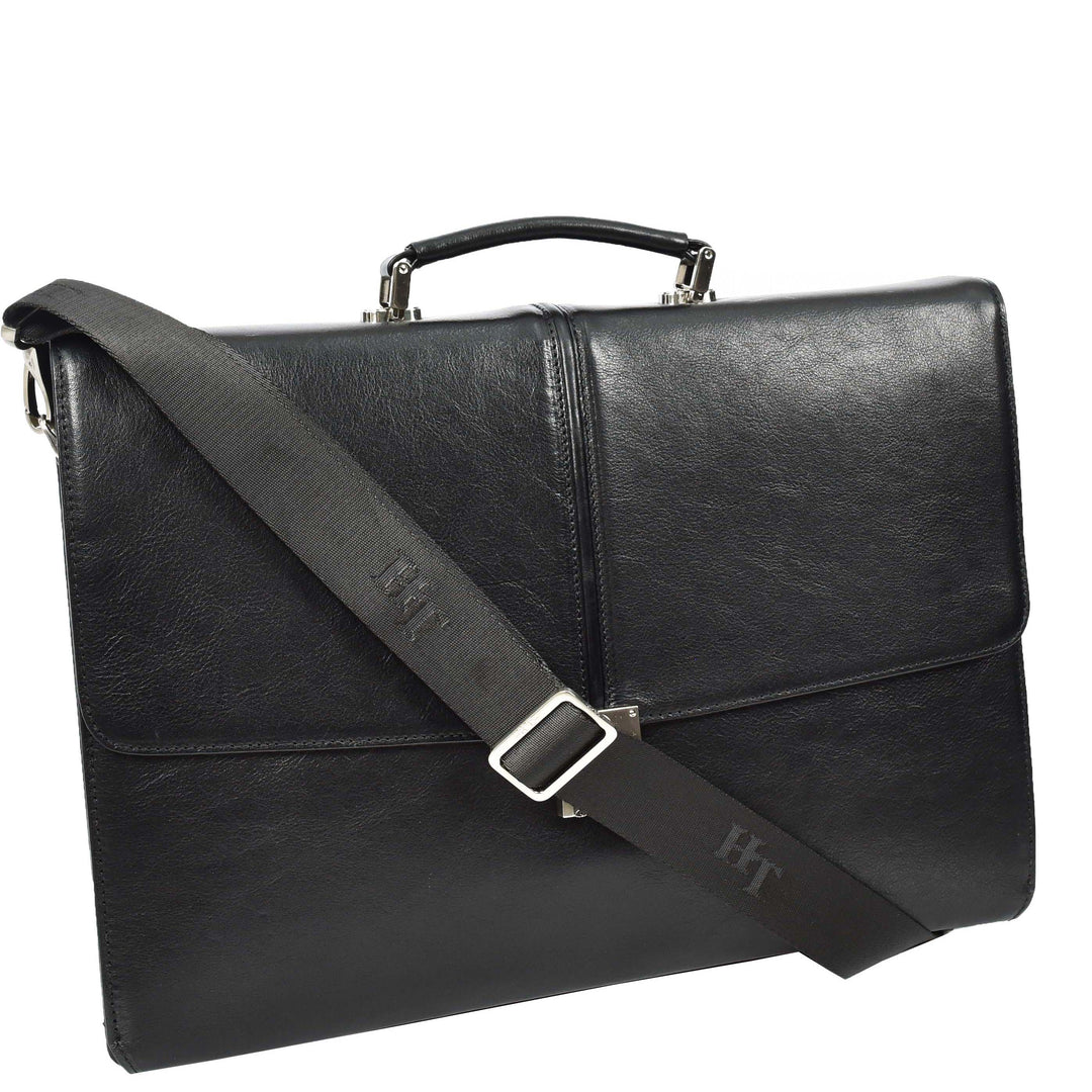 Mens Genuine Leather Briefcase Large Size Organiser Messenger Bag Erbil Black-5
