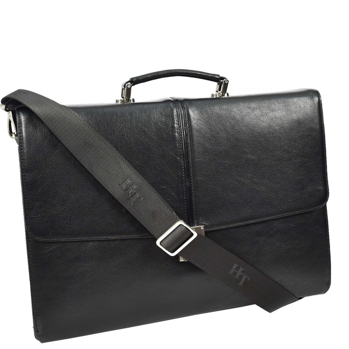 Mens Genuine Leather Briefcase Large Size Organiser Messenger Bag Erbil Black-5