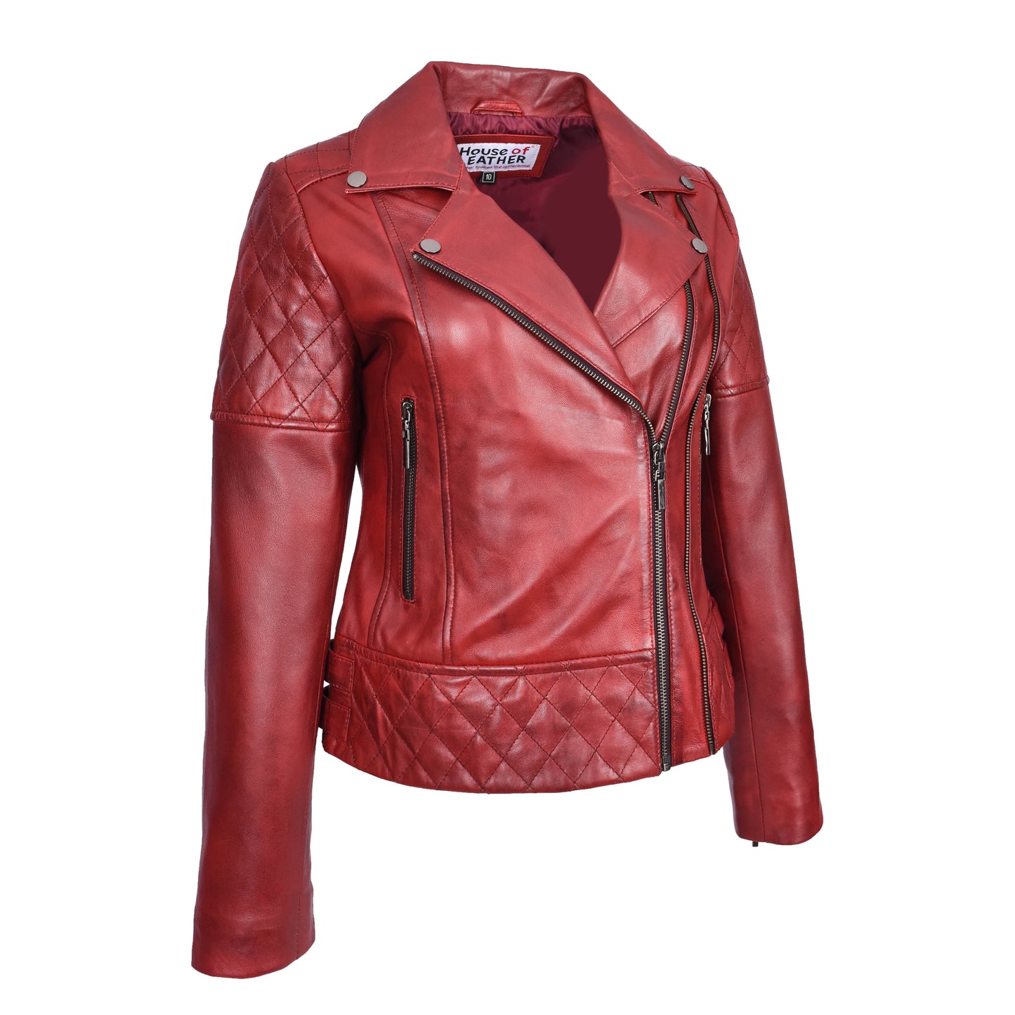 Women's Real Leather Jacket Multi Cross Zip Biker Style Fitted Quilted Nixi Burnish Red-5