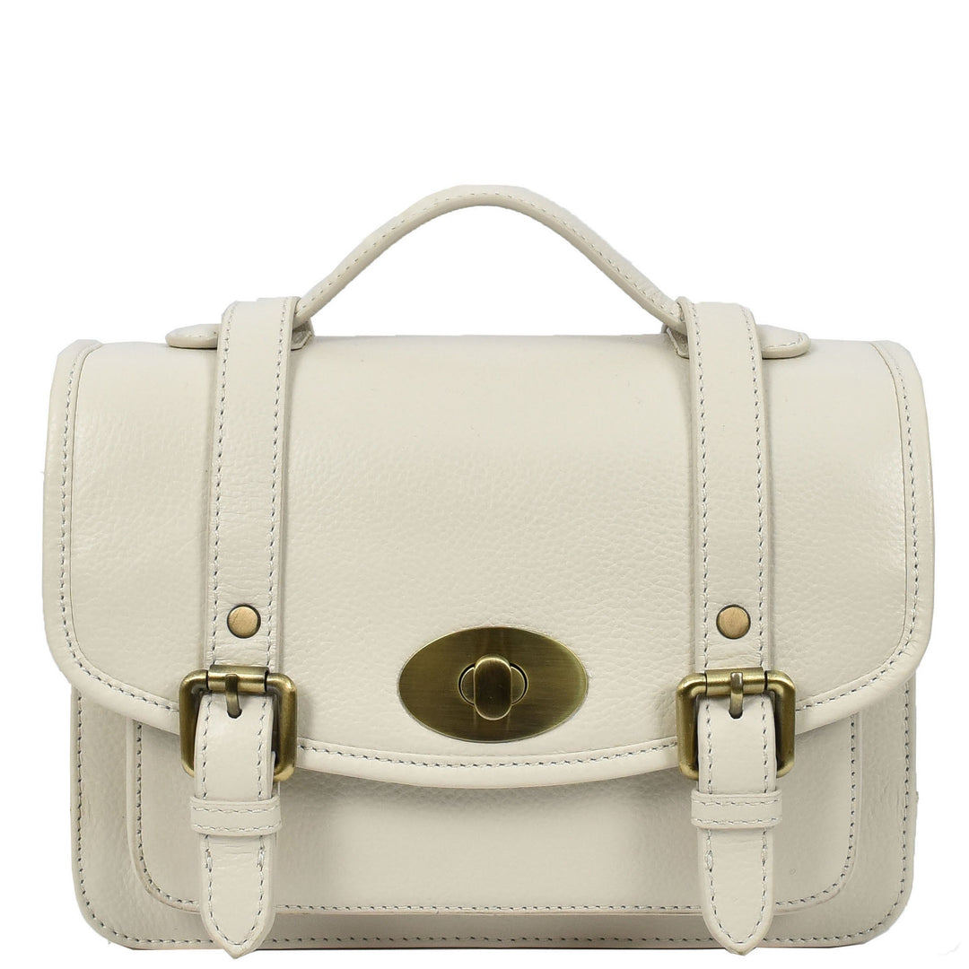 Vintage Style Womens Satchel Handbag Real Leather Crossbody Purse with Buckles Roxy White