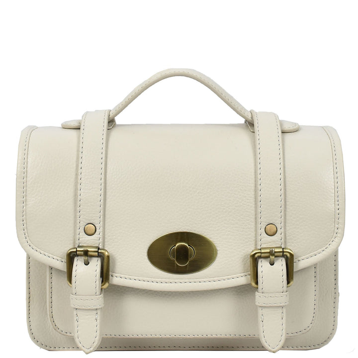 Vintage Style Womens Satchel Handbag Real Leather Crossbody Purse with Buckles Roxy White