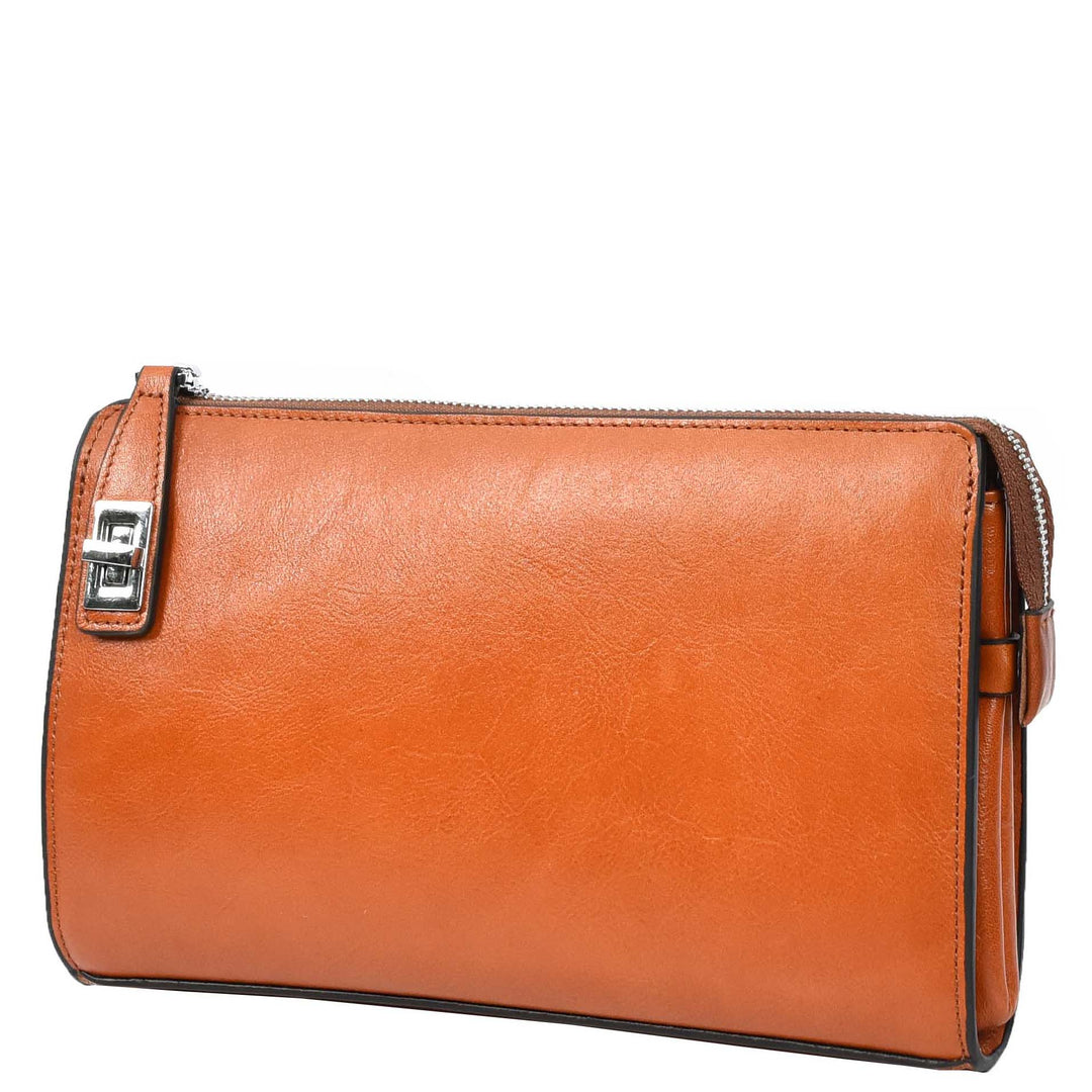 Mens Real Leather Wrist Bag Large Size Clutch Organiser Style Goma Tan-5