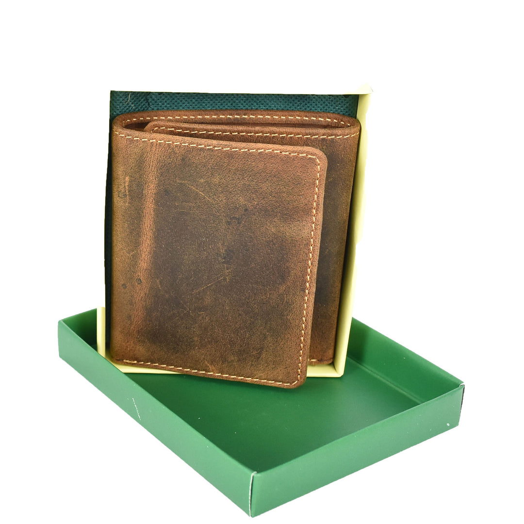 Mens Real Leather Tri-fold Wallet Credit Cards Banknotes ID Card RFID Blocking HOL700 Oil Tan