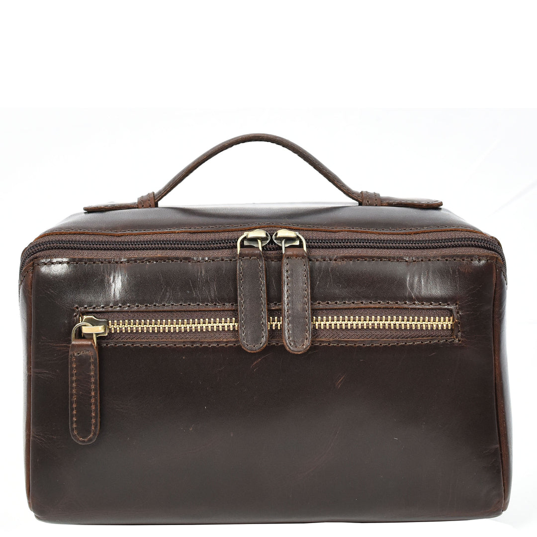 Mens Real Leather Toiletries Wash Shaving Bag Travel Pouch Tripper Brown