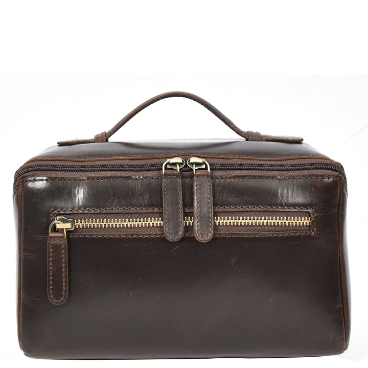 Mens Real Leather Toiletries Wash Shaving Bag Travel Pouch Tripper Brown