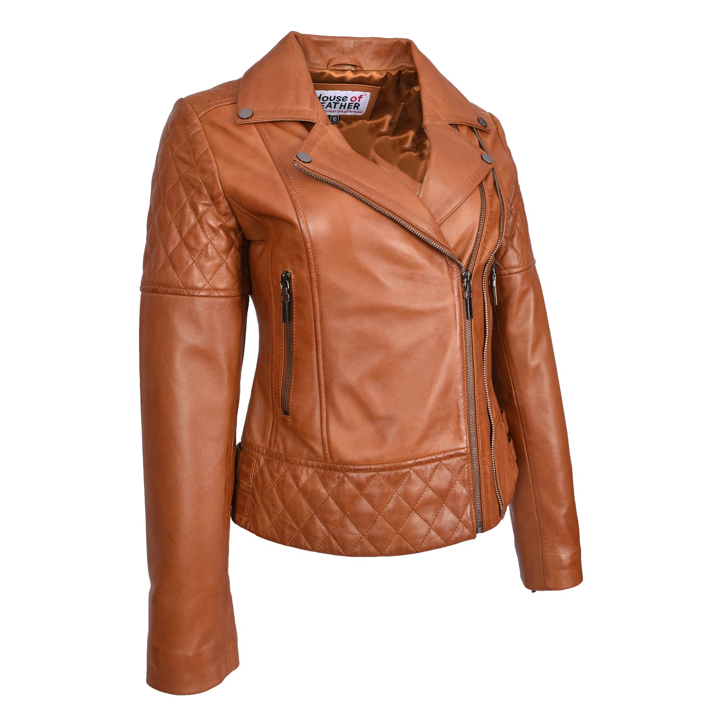 Women's Real Leather Jacket Multi Cross Zip Biker Style Fitted Quilted Nixi Tan-5