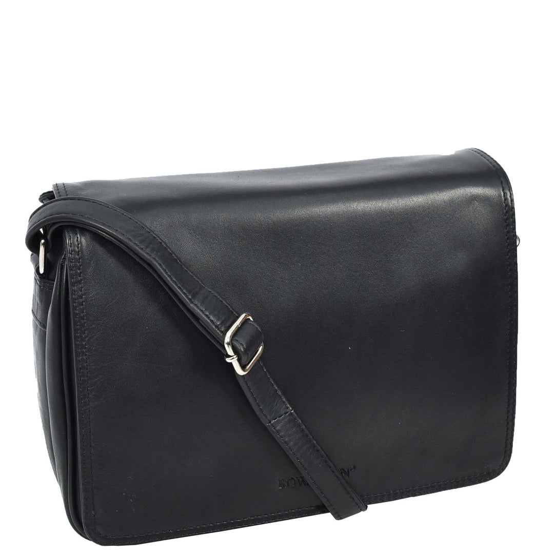 Womens Real Leather Crossbody Bag Flap over Shoulder Organiser Handbag HOL896 Black-5