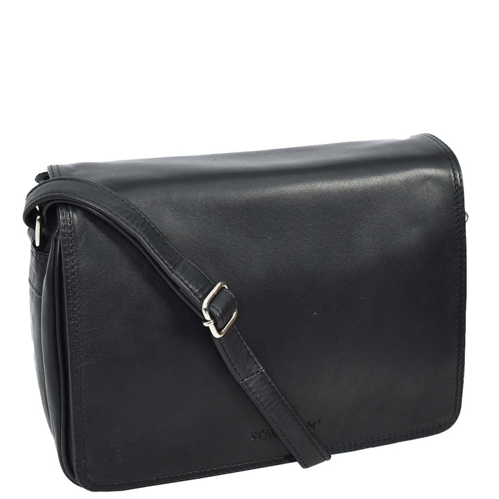 Womens Real Leather Crossbody Bag Flap over Shoulder Organiser Handbag HOL896 Black-5