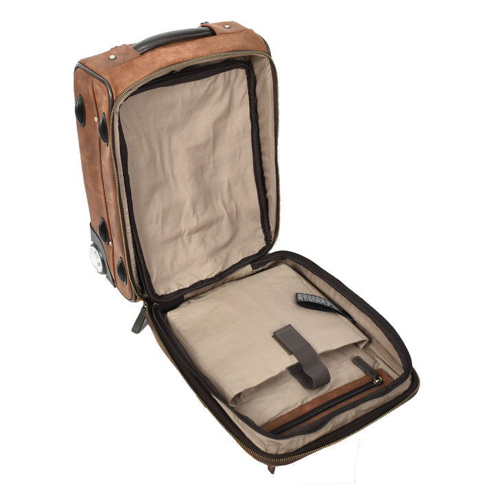 Genuine Leather Suitcase On Wheels Cabin Size Trolley Travel Bags Bourse Vintage Brown