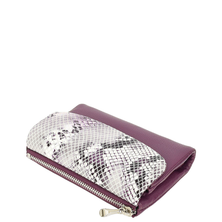 Womens Real Leather Purse Snake-Print Clutch Wallet HOL8833 Purple