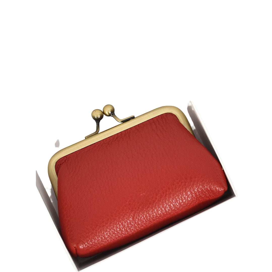 Womens Real Leather Small Coin Purse with Kiss Lock Closure HOL2205 Red