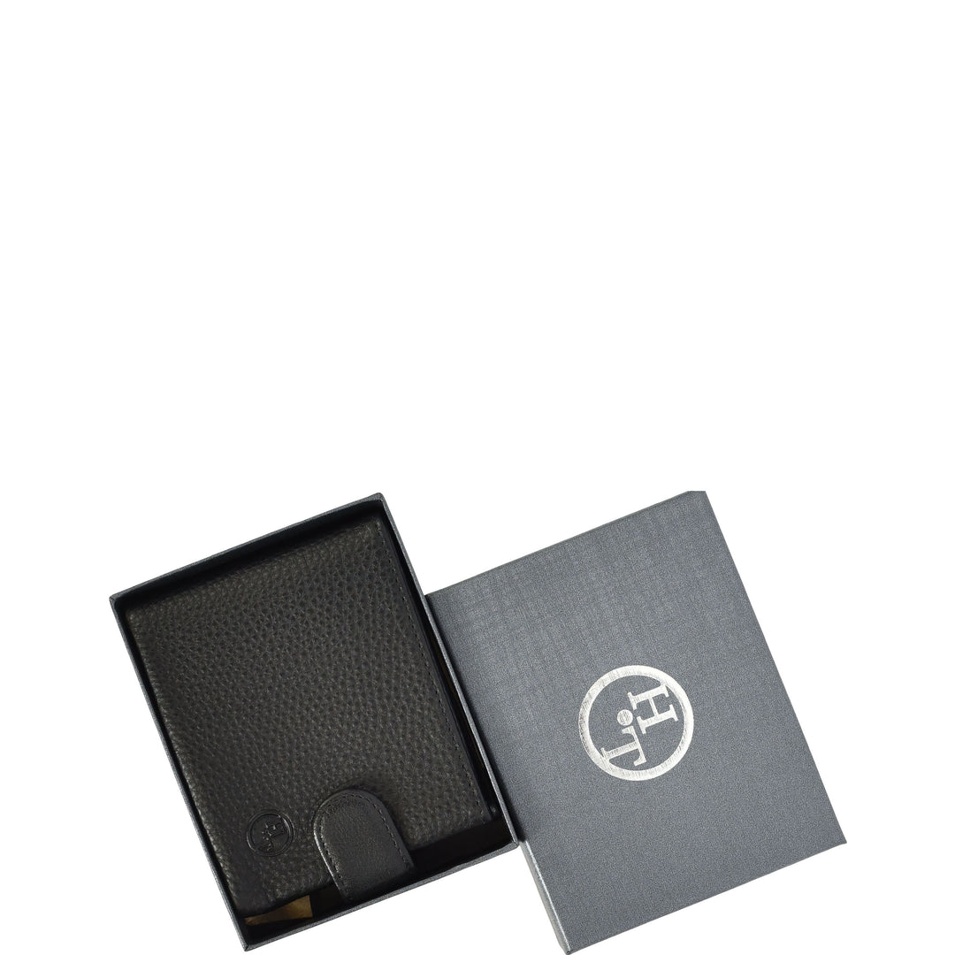 Mens Real Leather Bifold Wallet Button Snap Closure Soren Black