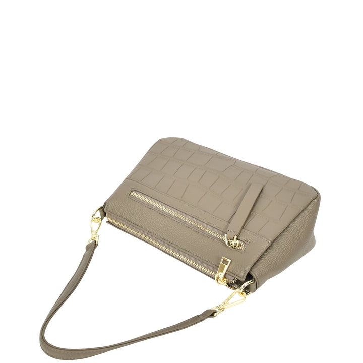 Womens Real Leather Shoulder Handbag Croc-Print Design Everyday Bag Edlyn Grey