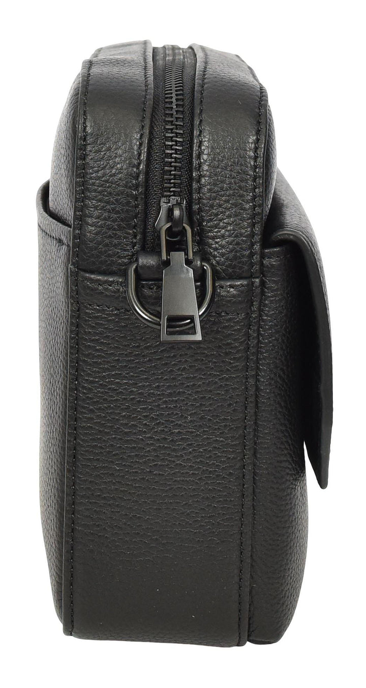Men's Real Leather Crossbody Flight Bag Adjustable Strap Sandy Black