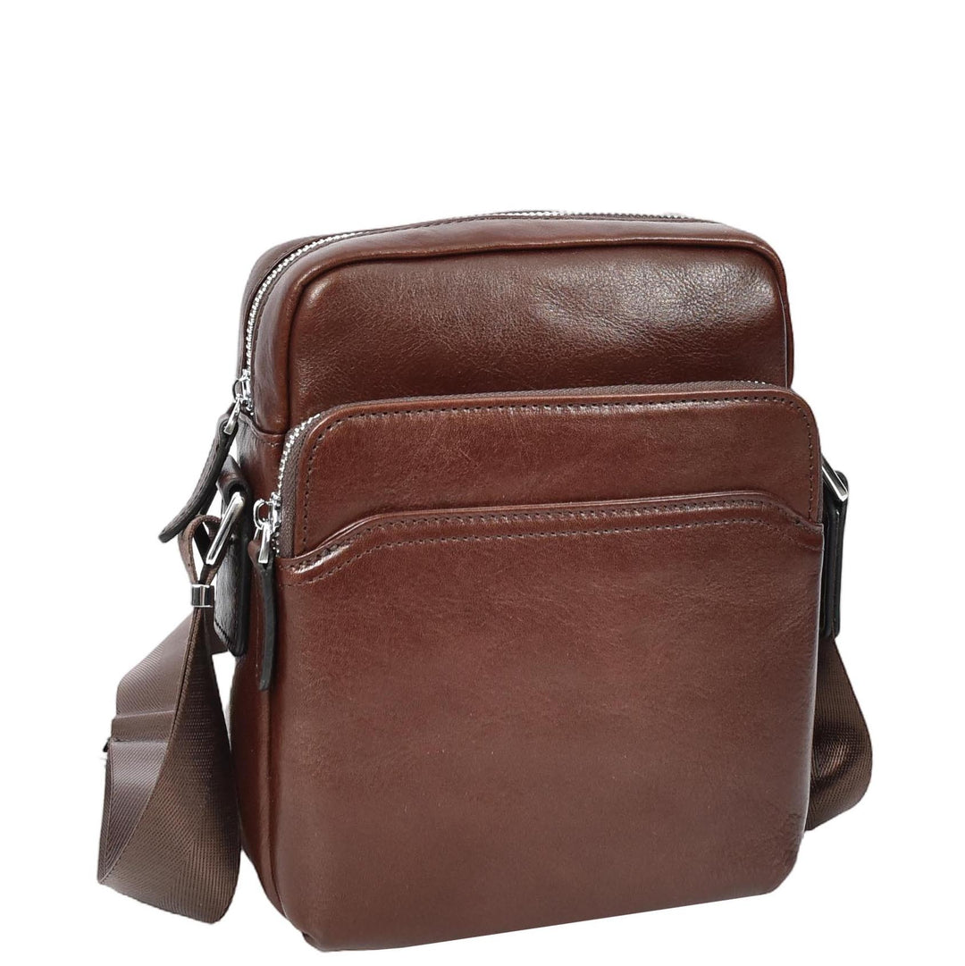 Mens Real Leather Cross Body Bag Small Size Travel Pouch Hanoi Brown-5