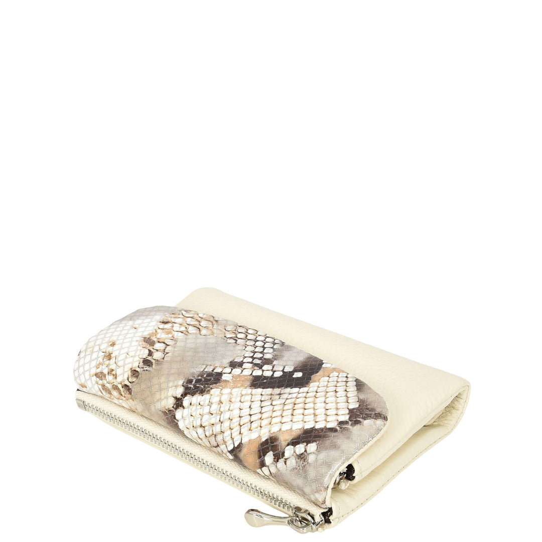 Womens Real Leather Purse Snake-Print Clutch Wallet HOL8833 Off White