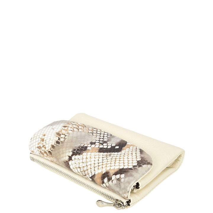 Womens Real Leather Purse Snake-Print Clutch Wallet HOL8833 Off White