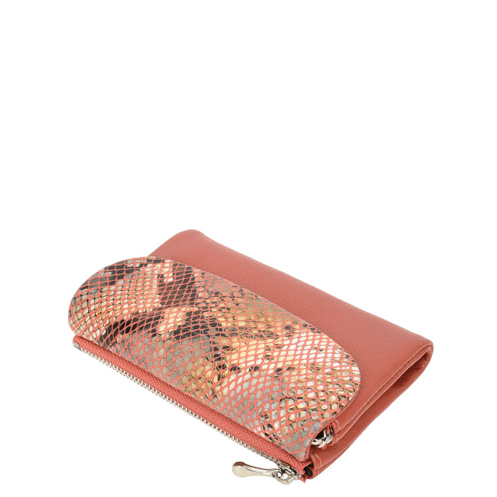 Womens Real Leather Purse Snake-Print Clutch Wallet HOL8833 Coral