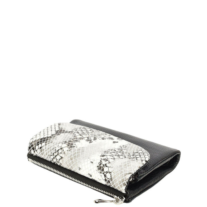 Womens Real Leather Purse Snake-Print Clutch Wallet HOL8833 Black