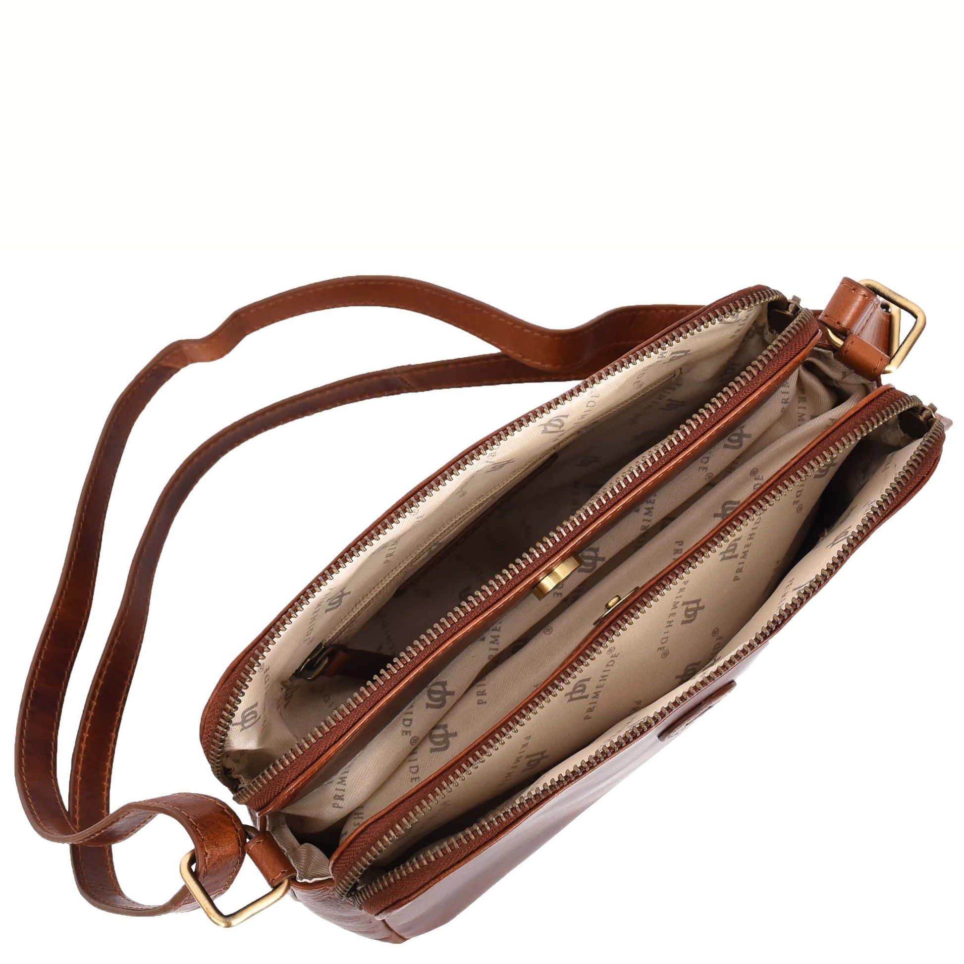 Womens Leather Cross Body Bag Double Zipper SICYON Cognac 5