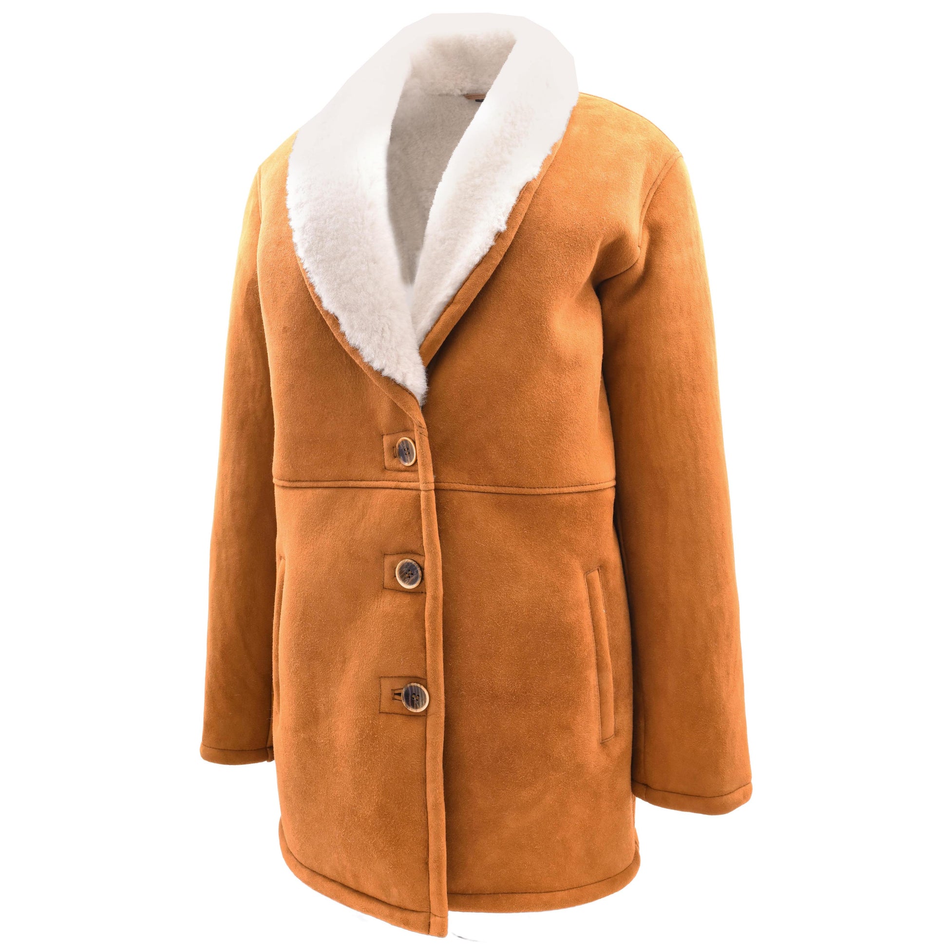 Womens Cognac Sheepskin Coat Mid Length White Merino Brenda 5